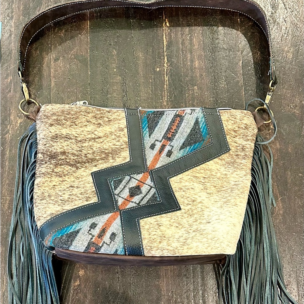 Brown and Blue Shoulder Bags with Fringe and Geometric Patterns